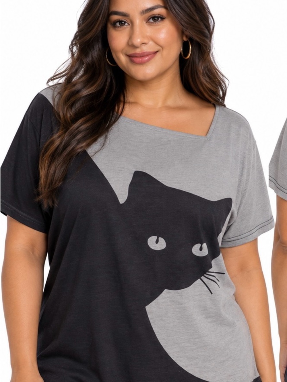 Black & Gray Cat Graphic Short Sleeve Top – Women’s Approx XL/2X